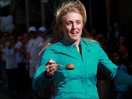  Olympic hurdler Sally Pearson steadies the nerves during her world record attempt for egg-and-spoon racing. Picture: John Grainger Source: News Limited 