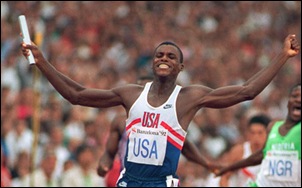Carl Lewis anchor the US to a world record gold medal in the 4x100 meter relay at the 1992 Barcelona Olympics. Lewis was note even supposed to run on the team, but was added when a teammate was injured.  Lewis has won 9 gold medals at 4 Olympics. He won golds in the 100, 200, long jump and 400-meter relay at Los Angeles in 1984, golds in the 100 and long jump at Seoul in 1988,  golds in the long jump and 400-meter relay in Barcelona and a gold in the long jump in Atlanta in 1996.  Photo by Jerry Lodriguss / The Philadelphia Inquirer
